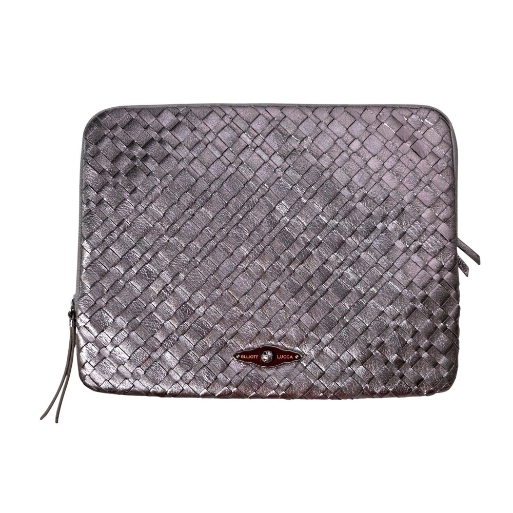 Elliott Lucca Metallic Pewter Woven Leather Laptop Tablet Sleeve Clutch Bag slvr